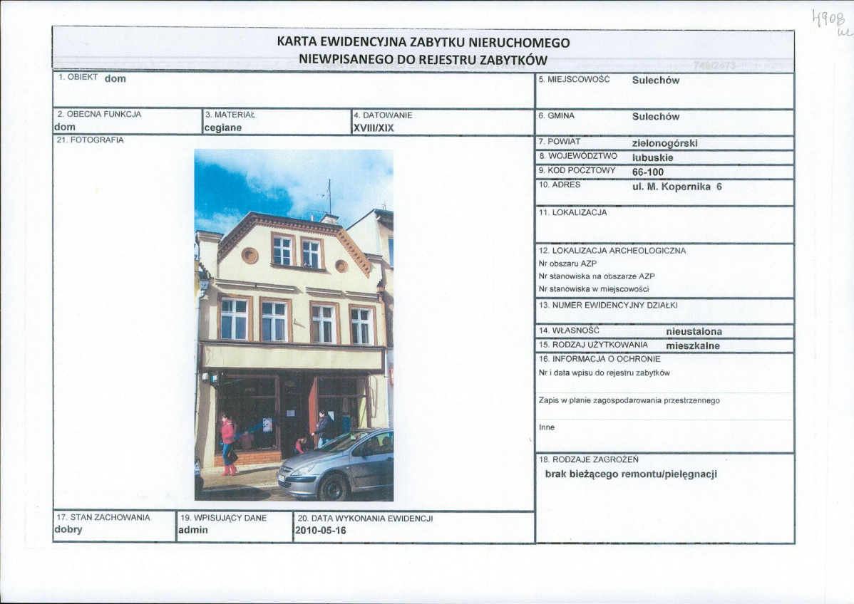 Karta obiektu niewpisanego do rejestru, skan nr 1