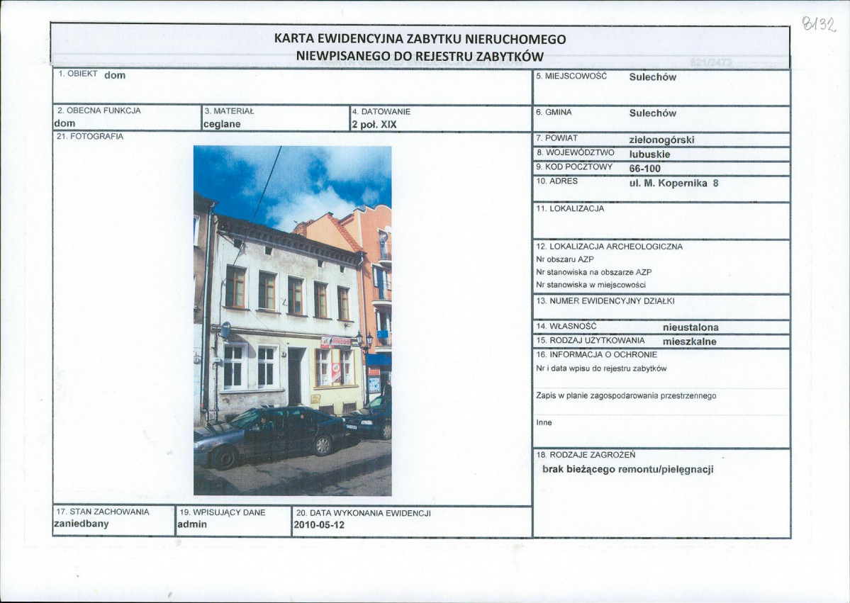 Karta obiektu niewpisanego do rejestru, skan nr 1