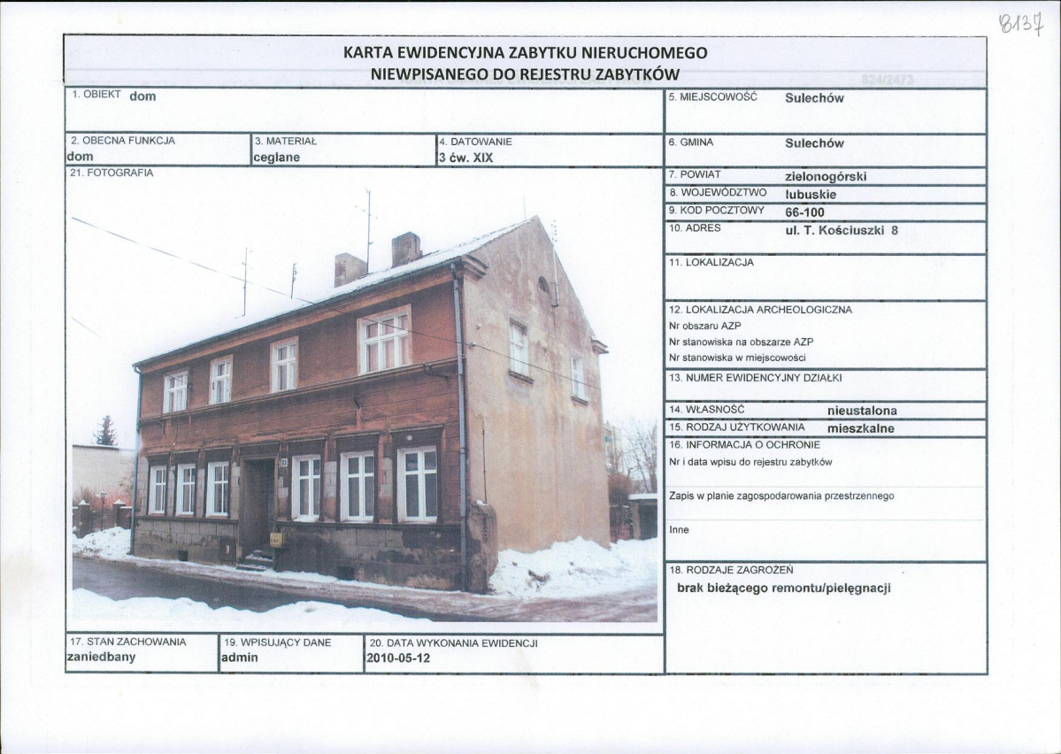 Karta obiektu niewpisanego do rejestru, skan nr 1