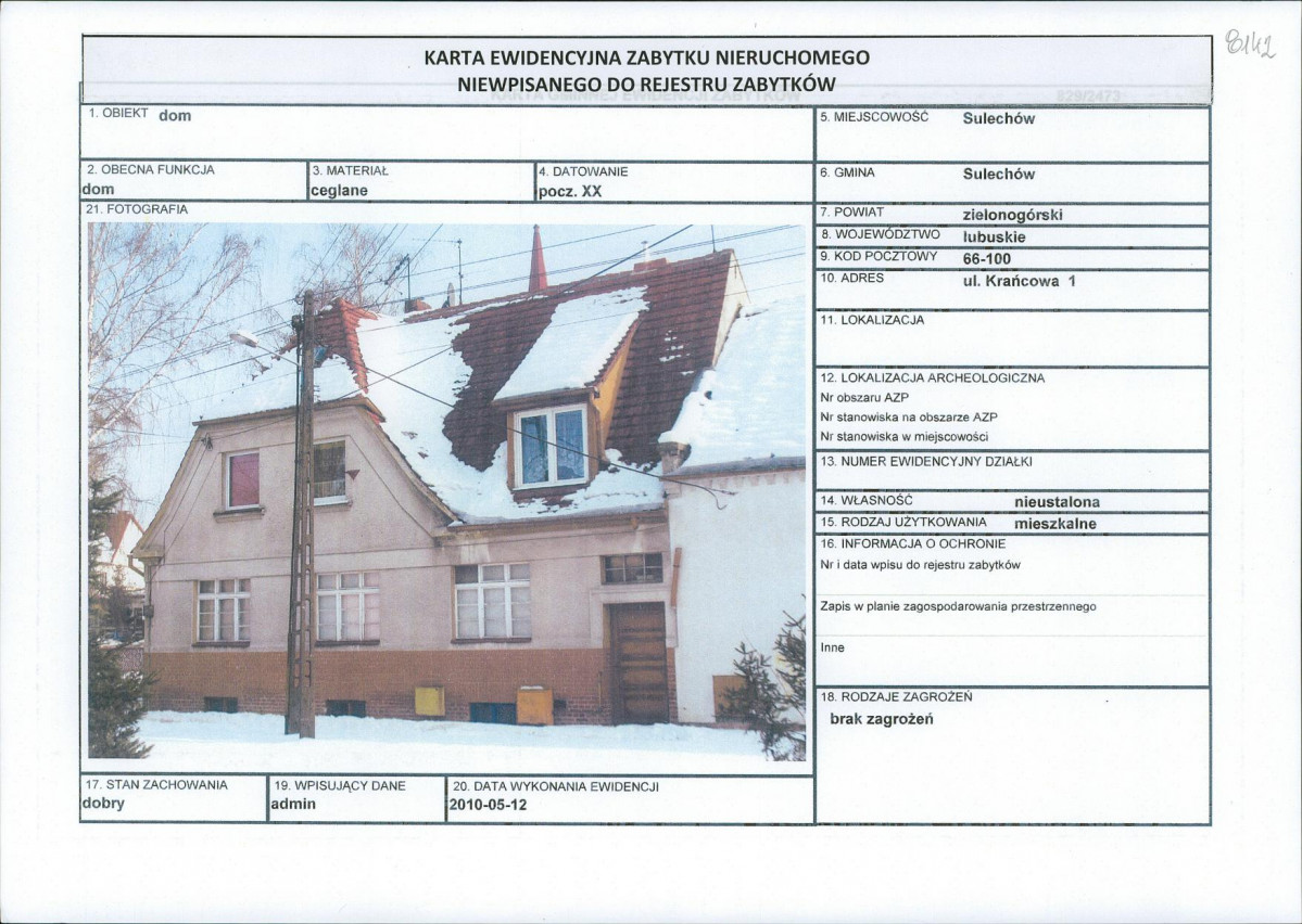 Karta obiektu niewpisanego do rejestru, skan nr 1