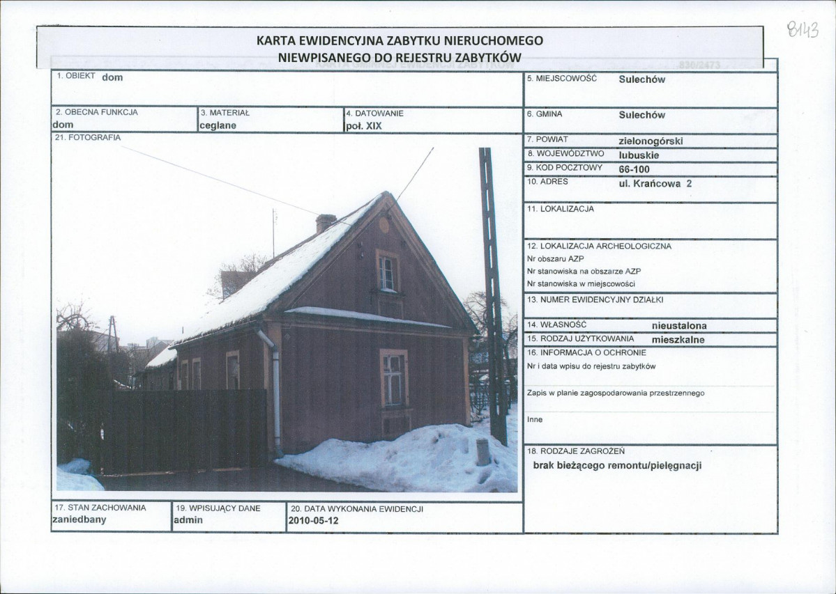 Karta obiektu niewpisanego do rejestru, skan nr 1