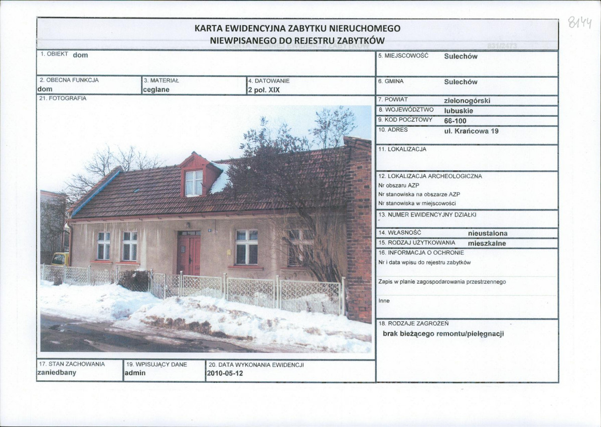 Karta obiektu niewpisanego do rejestru, skan nr 1