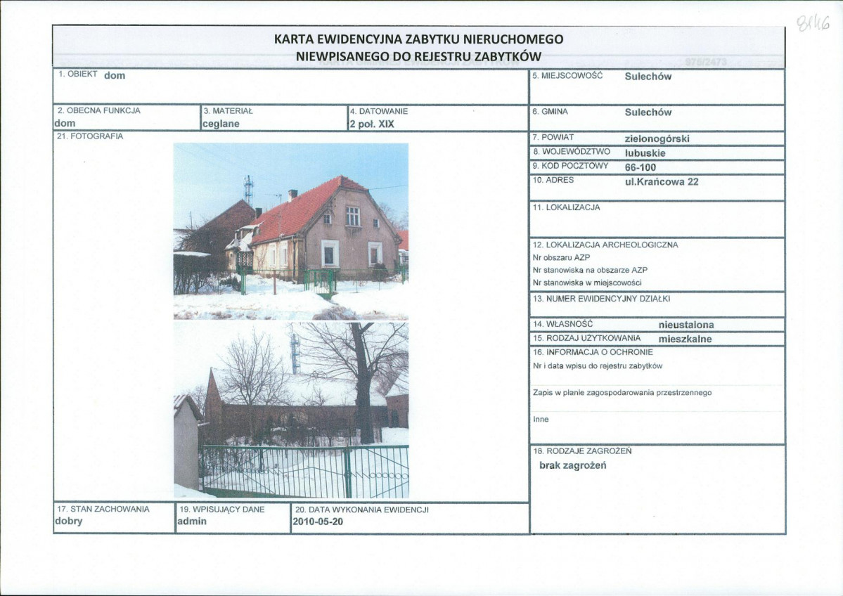 Karta obiektu niewpisanego do rejestru, skan nr 1