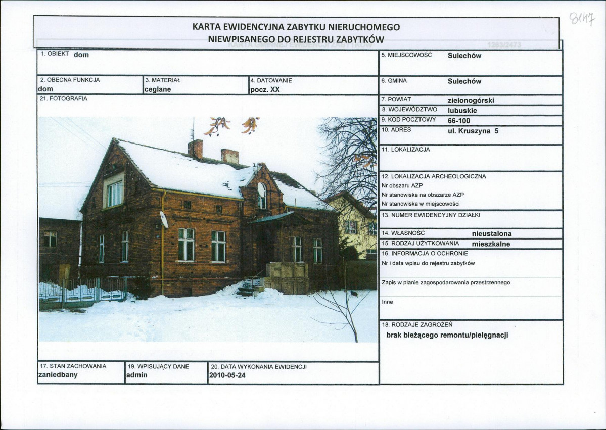 Karta obiektu niewpisanego do rejestru, skan nr 1