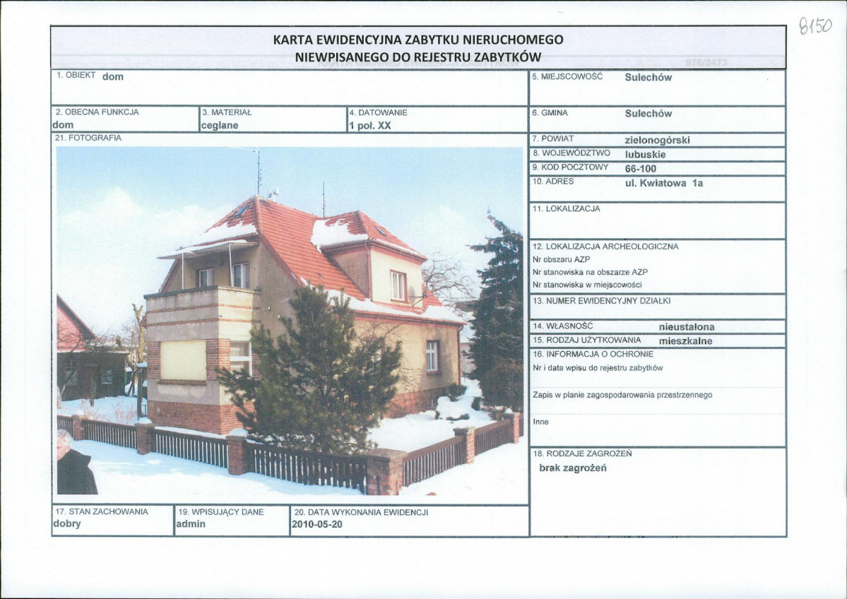 Karta obiektu niewpisanego do rejestru, skan nr 1