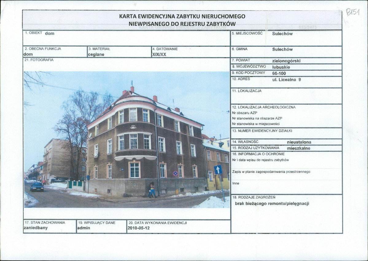 Karta obiektu niewpisanego do rejestru, skan nr 1