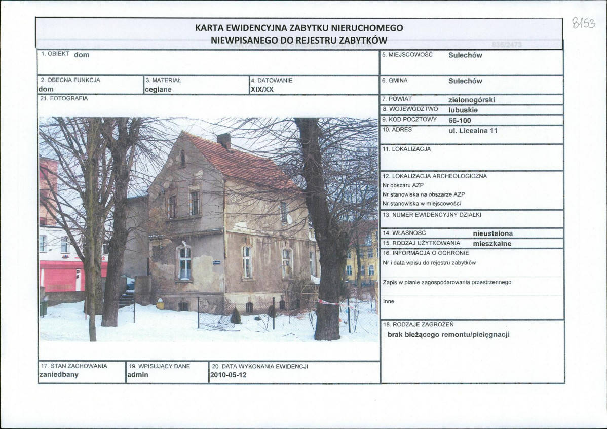 Karta obiektu niewpisanego do rejestru, skan nr 1