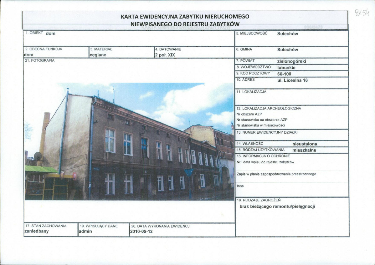 Karta obiektu niewpisanego do rejestru, skan nr 1