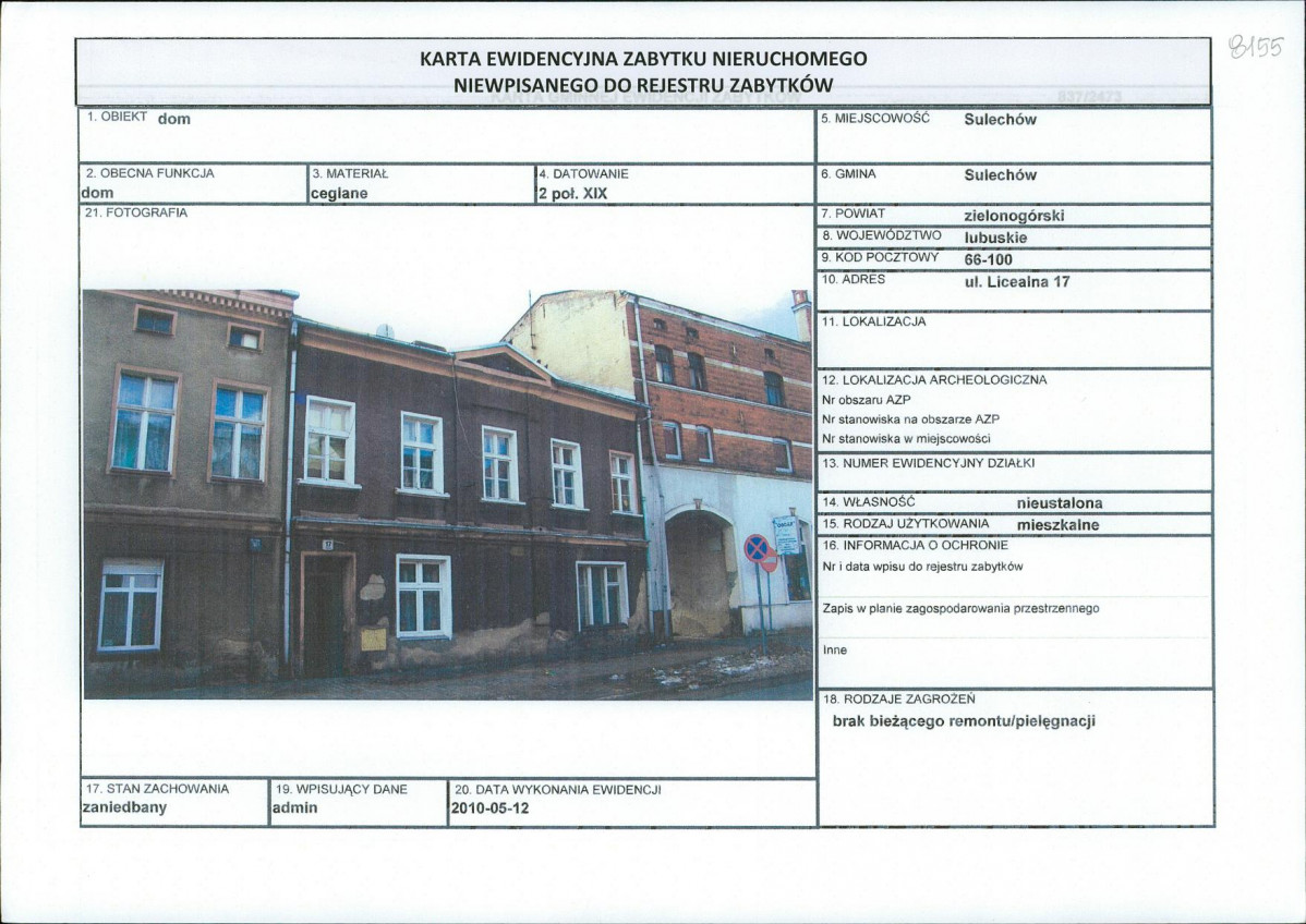 Karta obiektu niewpisanego do rejestru, skan nr 1