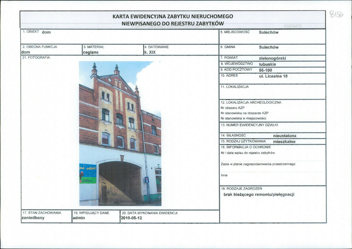 Karta obiektu niewpisanego do rejestru, skan nr 1