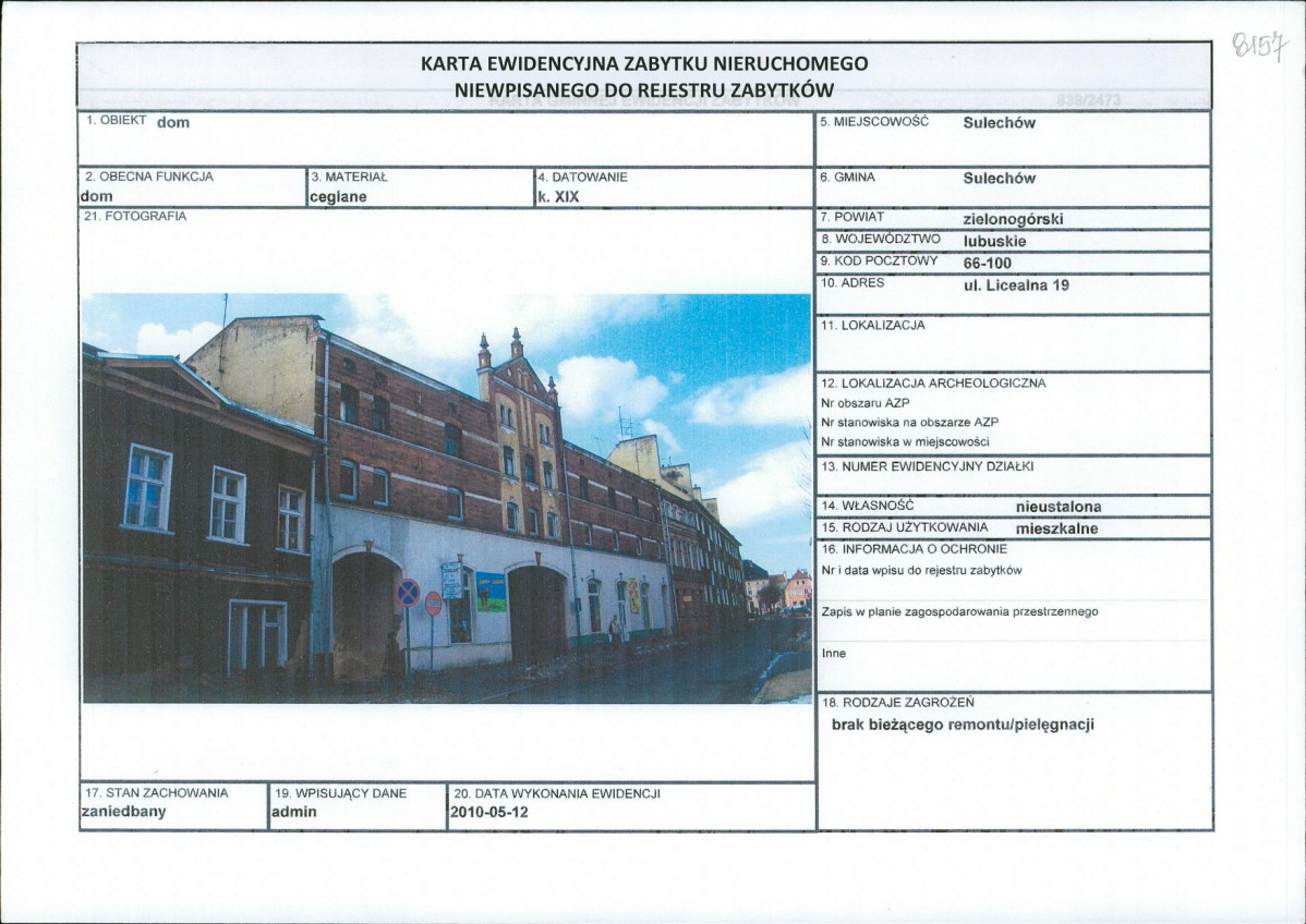 Karta obiektu niewpisanego do rejestru, skan nr 1