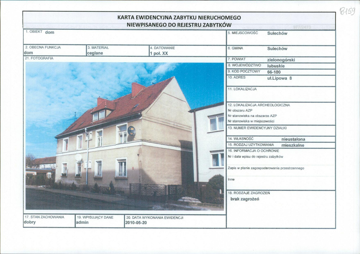 Karta obiektu niewpisanego do rejestru, skan nr 1