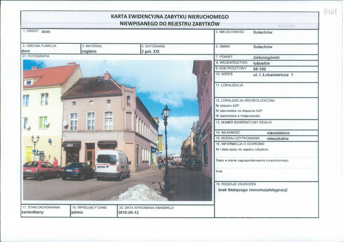 Karta obiektu niewpisanego do rejestru, skan nr 1