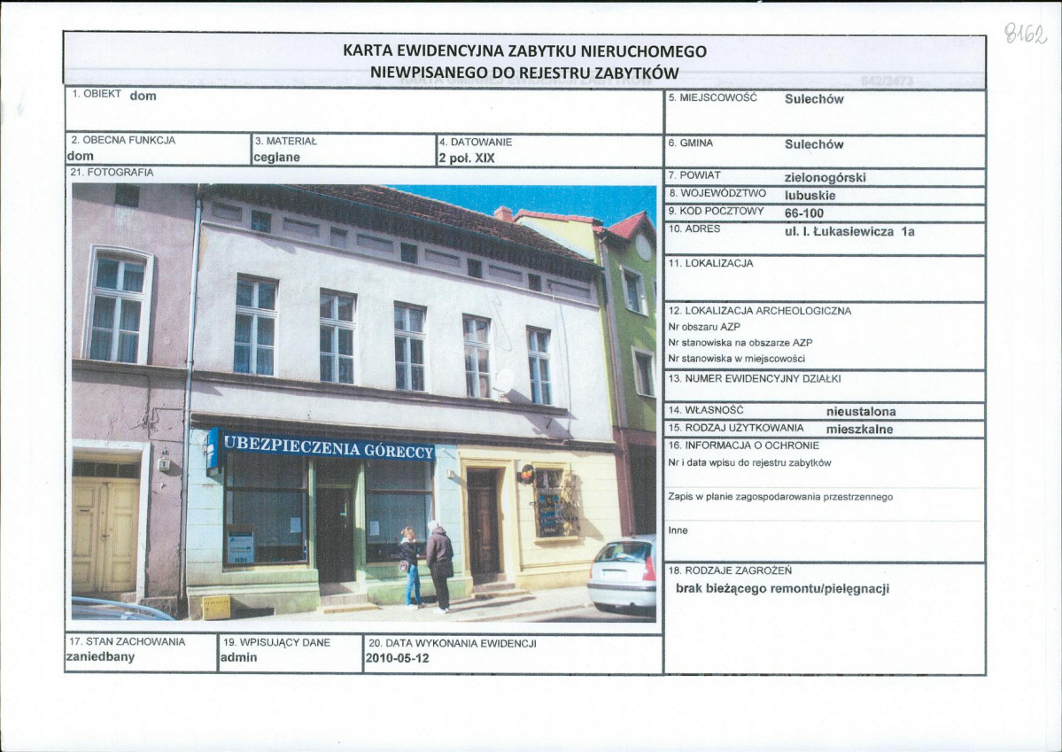 Karta obiektu niewpisanego do rejestru, skan nr 1