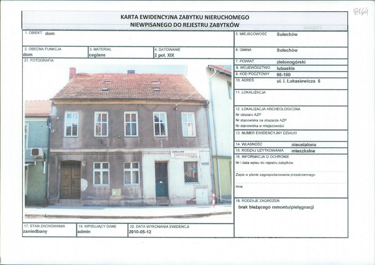 Karta obiektu niewpisanego do rejestru, skan nr 1