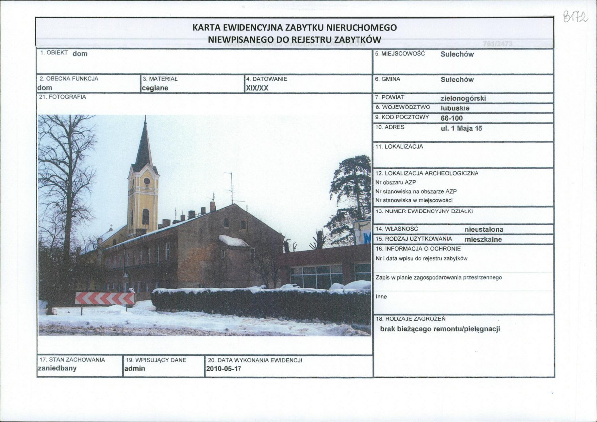 Karta obiektu niewpisanego do rejestru, skan nr 1