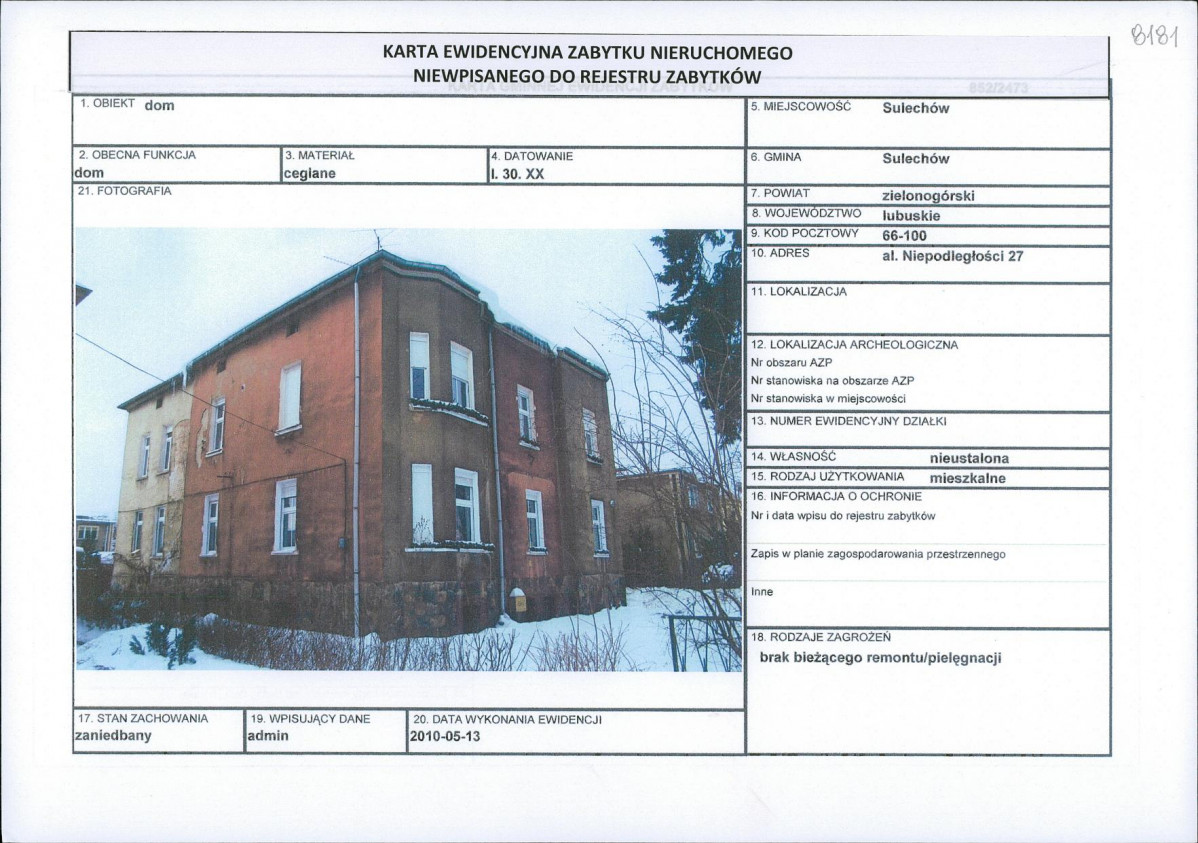 Karta obiektu niewpisanego do rejestru, skan nr 1