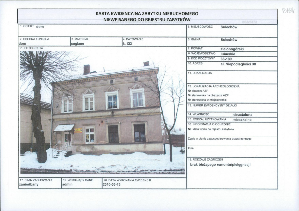 Karta obiektu niewpisanego do rejestru, skan nr 1