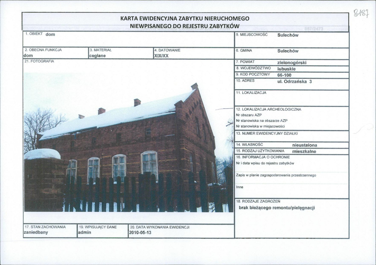 Karta obiektu niewpisanego do rejestru, skan nr 1