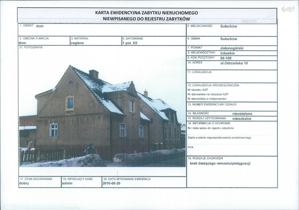 Karta obiektu niewpisanego do rejestru, skan nr 1