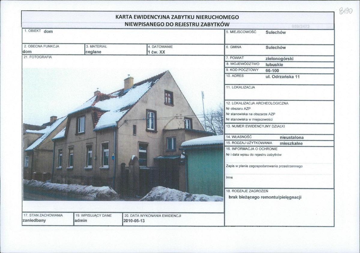 Karta obiektu niewpisanego do rejestru, skan nr 1
