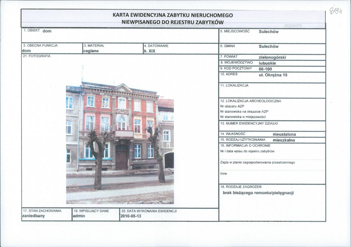 Karta obiektu niewpisanego do rejestru, skan nr 1