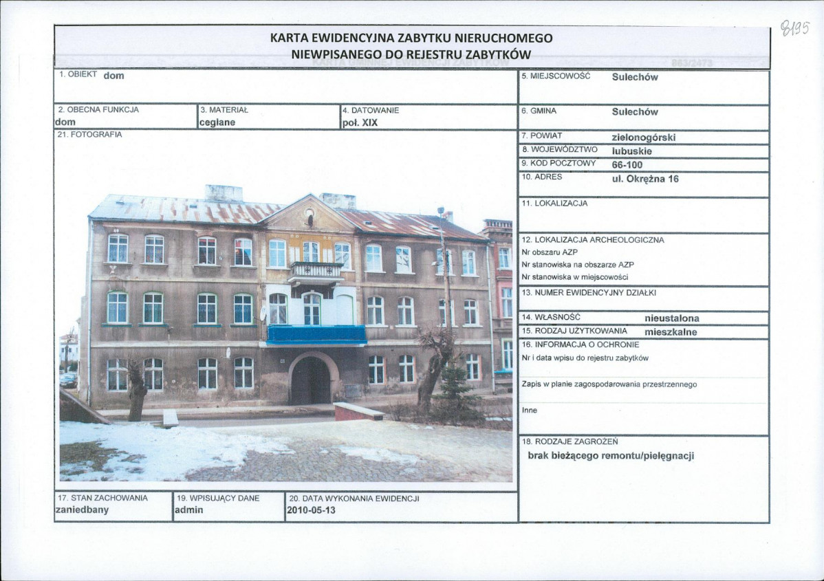 Karta obiektu niewpisanego do rejestru, skan nr 1