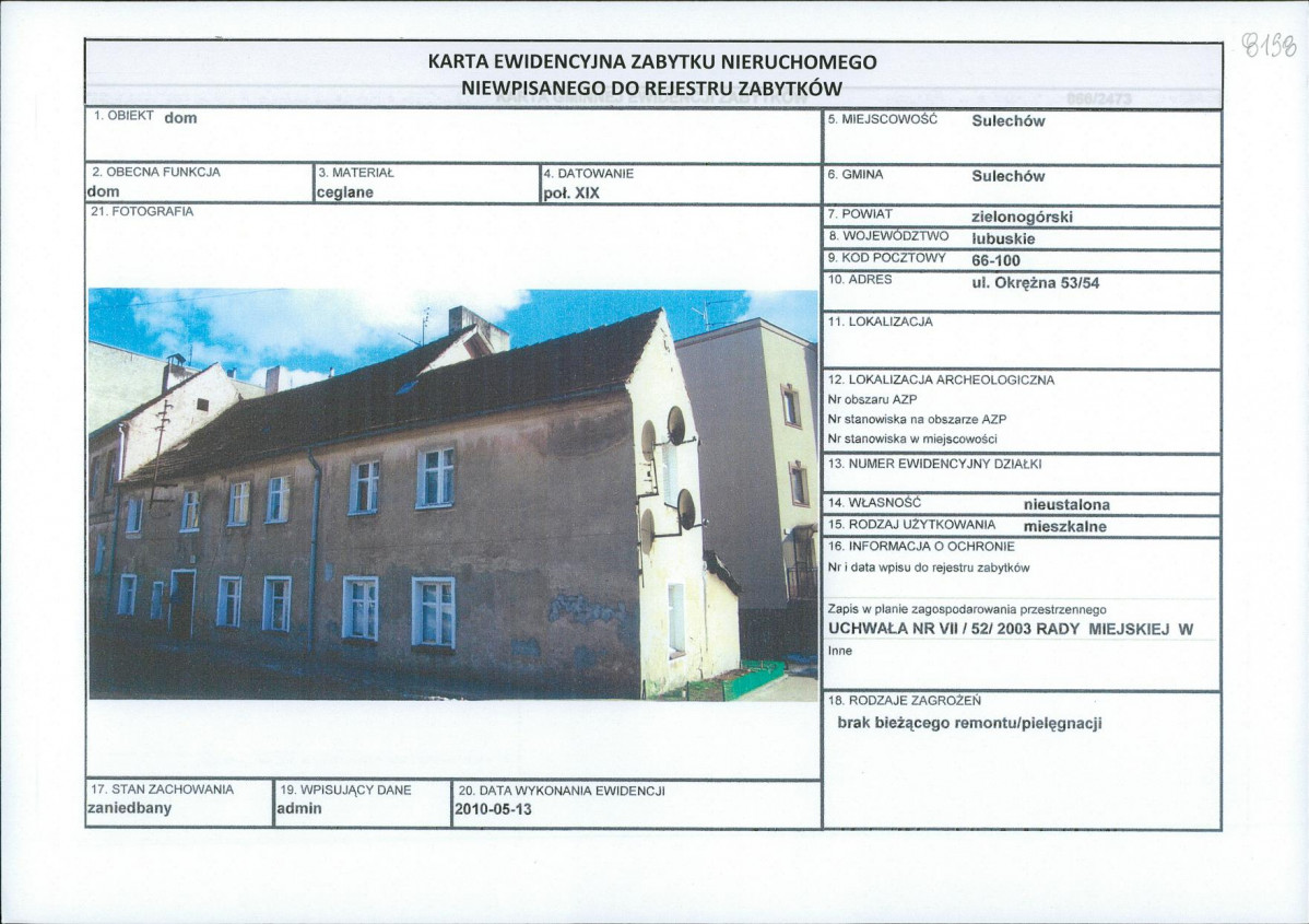 Karta obiektu niewpisanego do rejestru, skan nr 1