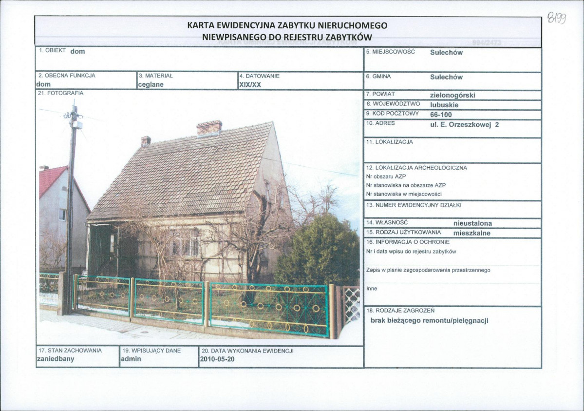 Karta obiektu niewpisanego do rejestru, skan nr 1