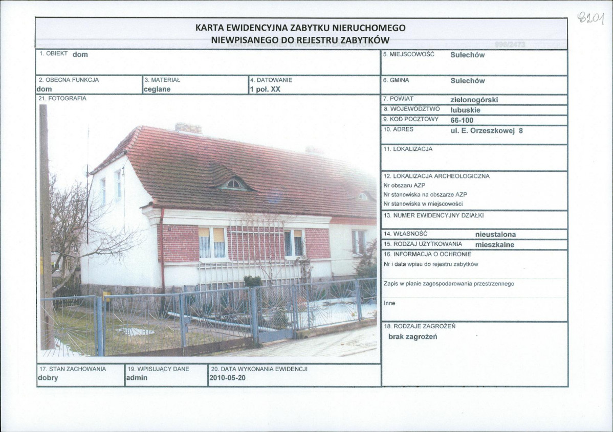 Karta obiektu niewpisanego do rejestru, skan nr 1