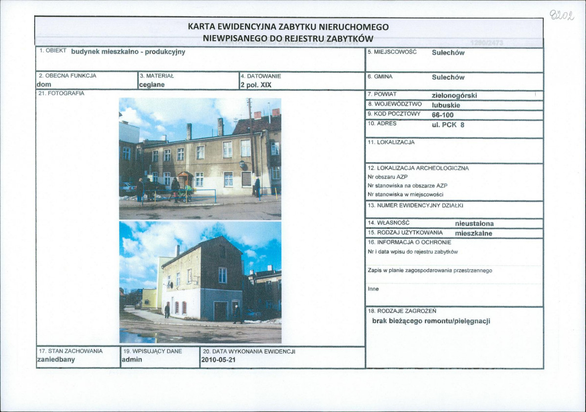 Karta obiektu niewpisanego do rejestru, skan nr 1