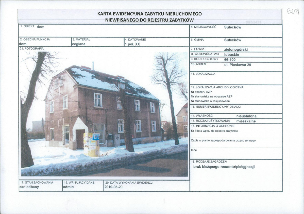 Karta obiektu niewpisanego do rejestru, skan nr 1