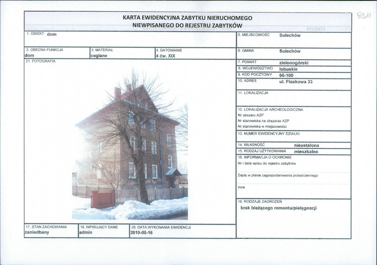 Karta obiektu niewpisanego do rejestru, skan nr 1