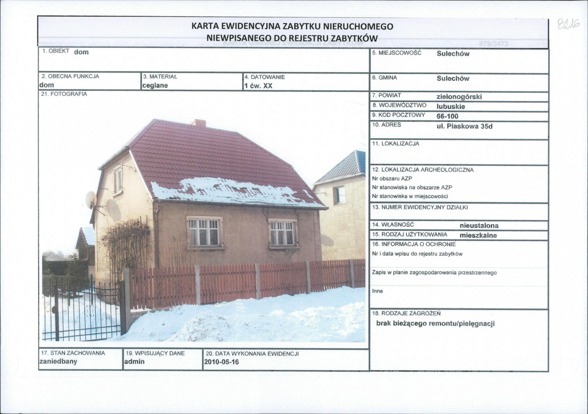 Karta obiektu niewpisanego do rejestru, skan nr 1