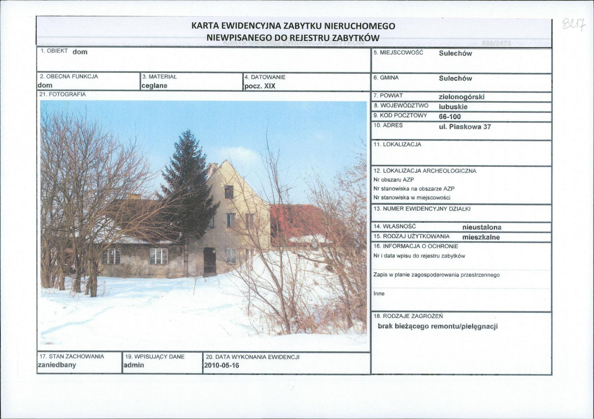 Karta obiektu niewpisanego do rejestru, skan nr 1
