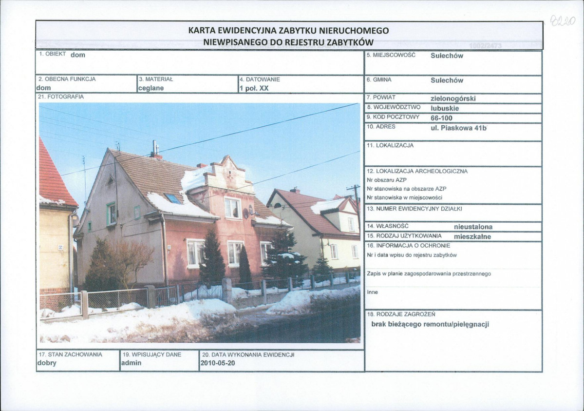 Karta obiektu niewpisanego do rejestru, skan nr 1