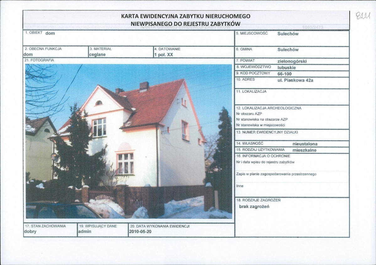 Karta obiektu niewpisanego do rejestru, skan nr 1