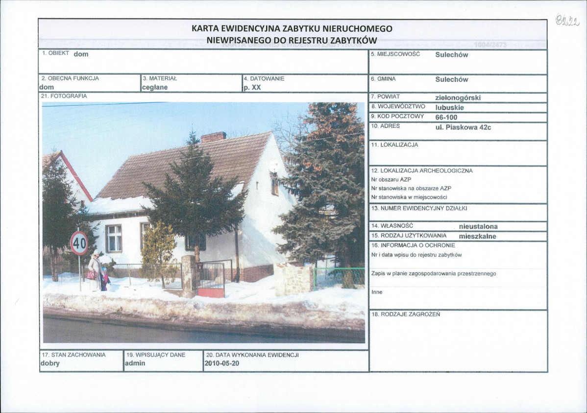 Karta obiektu niewpisanego do rejestru, skan nr 1