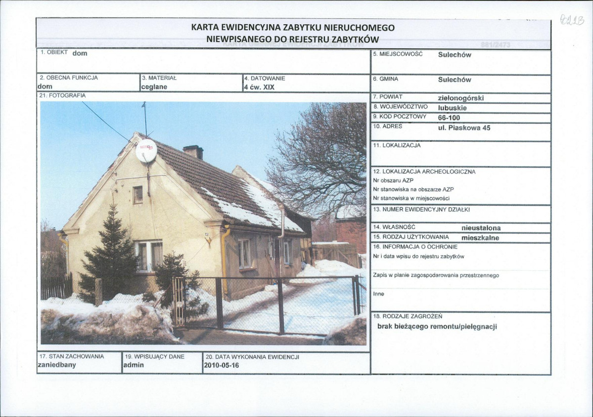Karta obiektu niewpisanego do rejestru, skan nr 1