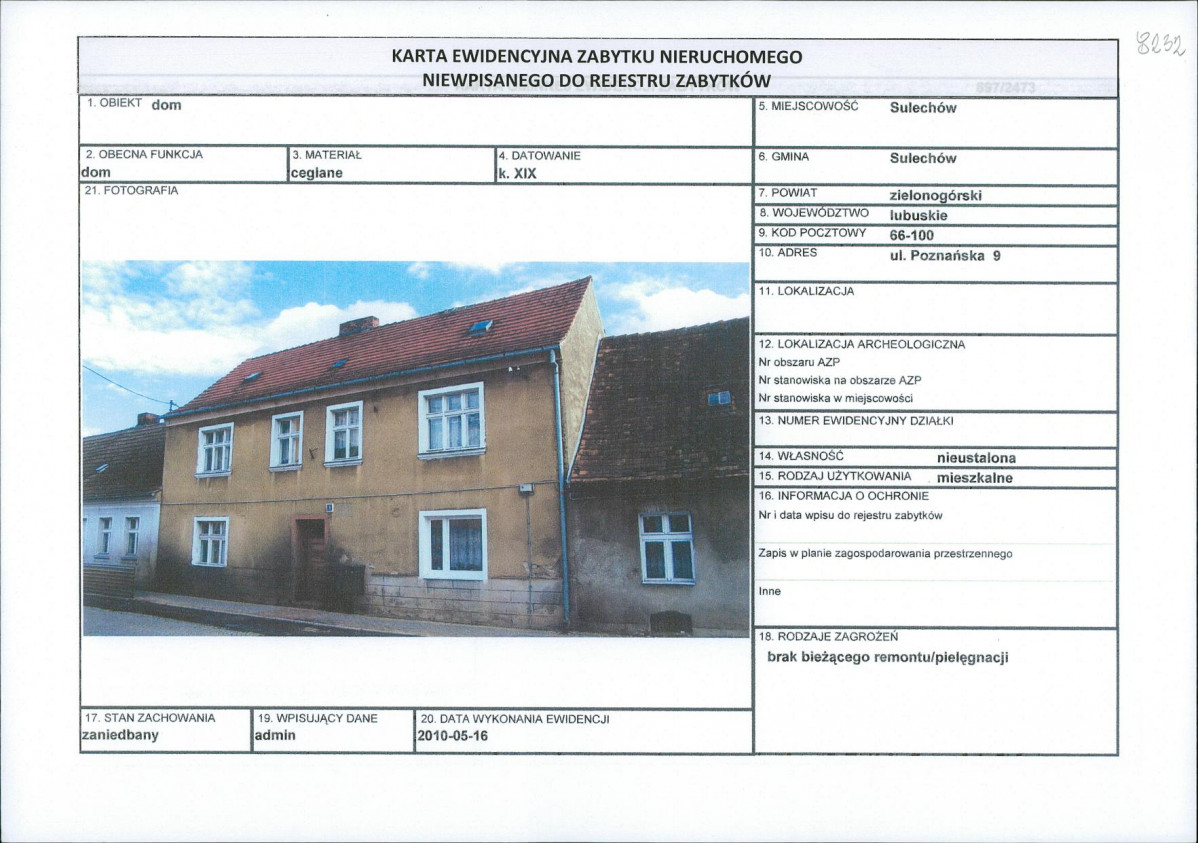 Karta obiektu niewpisanego do rejestru, skan nr 1