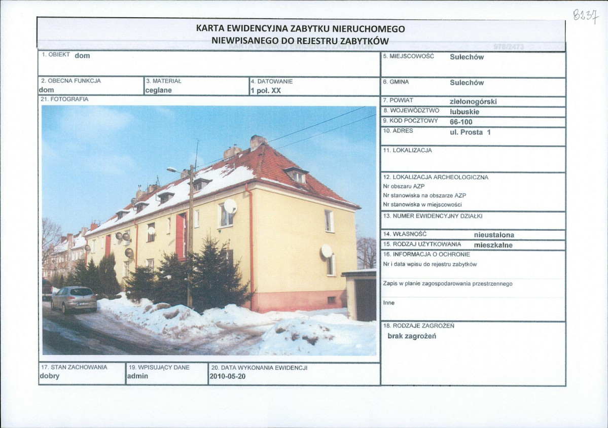 Karta obiektu niewpisanego do rejestru, skan nr 1