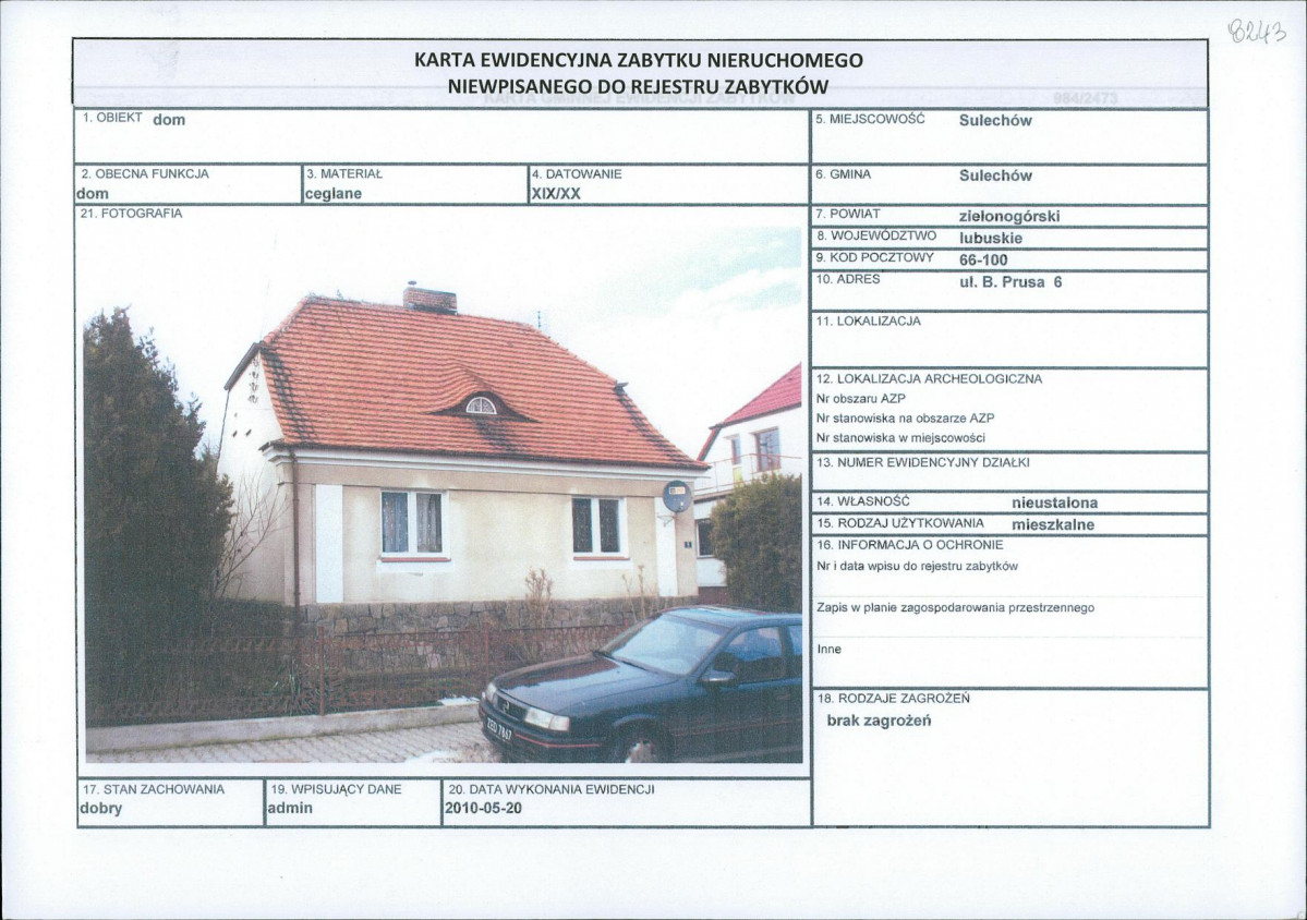 Karta obiektu niewpisanego do rejestru, skan nr 1