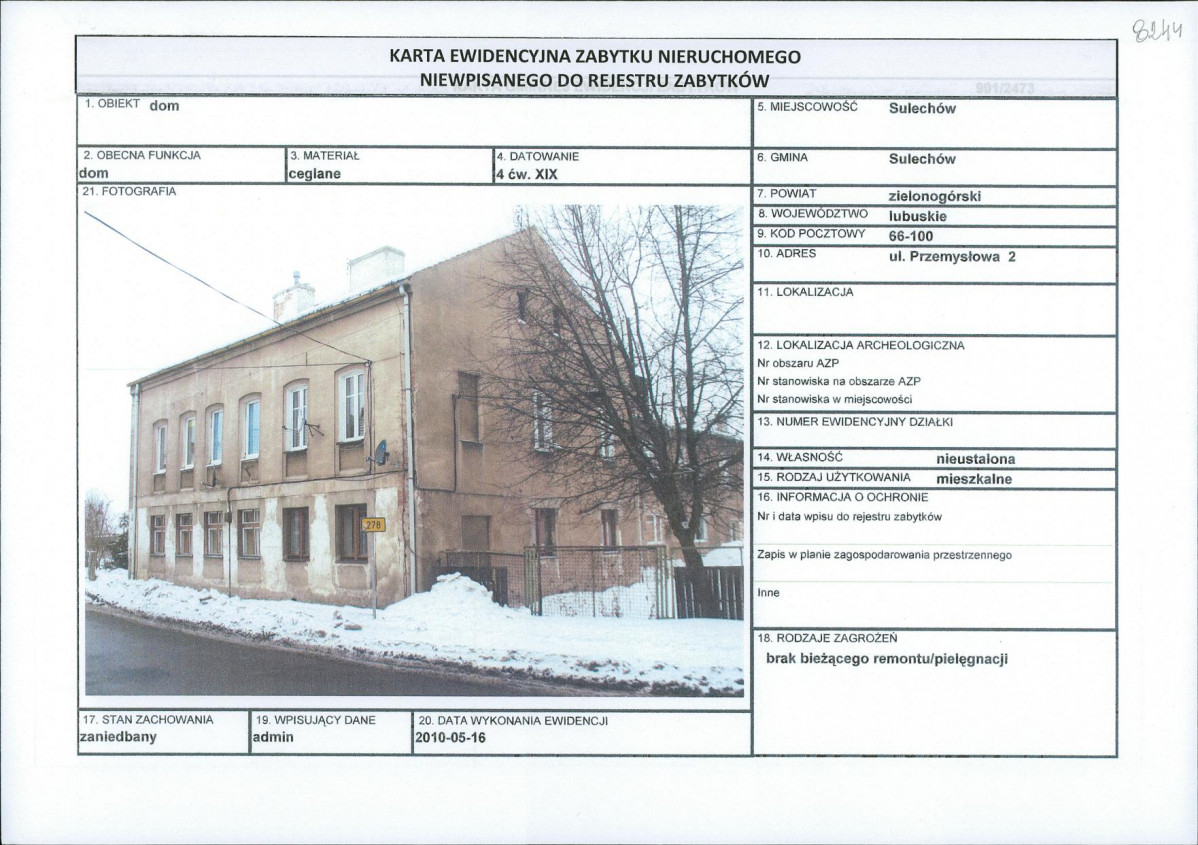 Karta obiektu niewpisanego do rejestru, skan nr 1