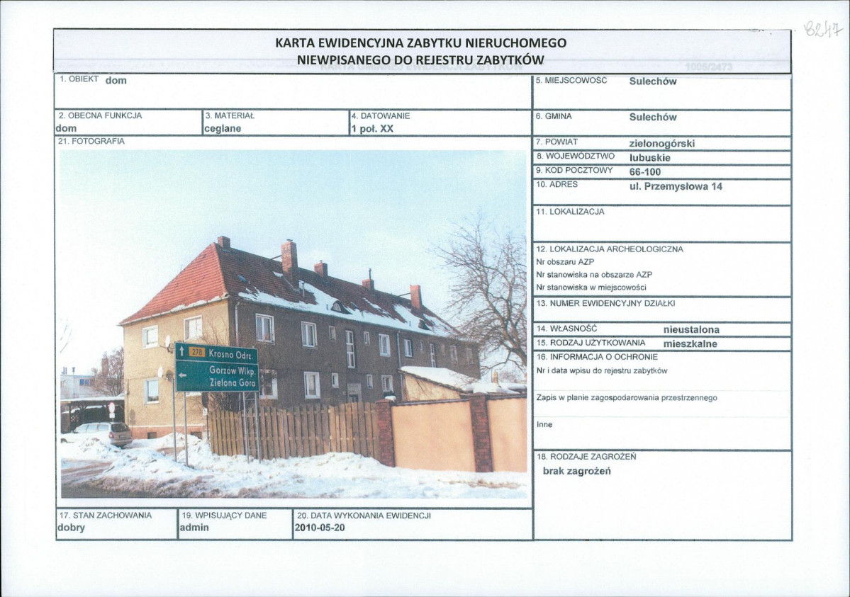 Karta obiektu niewpisanego do rejestru, skan nr 1