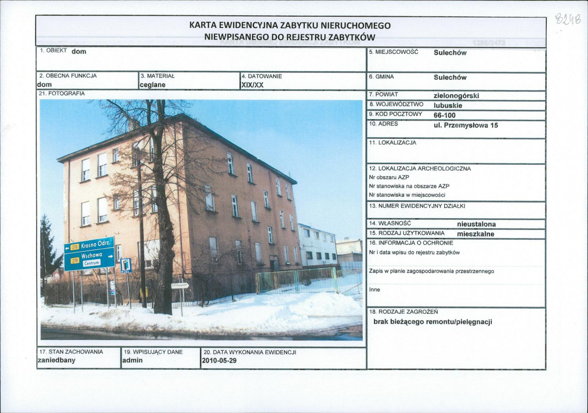 Karta obiektu niewpisanego do rejestru, skan nr 1