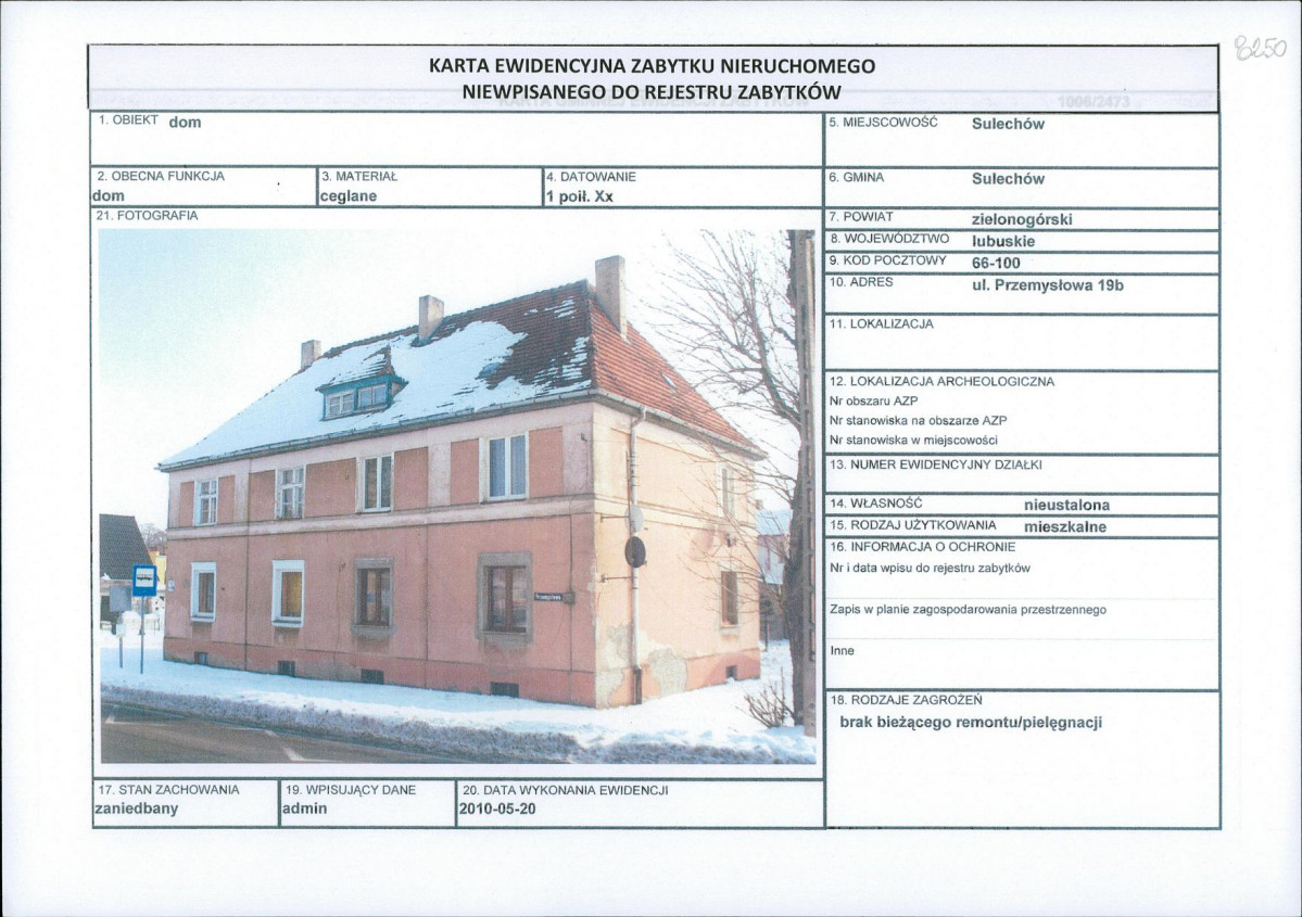 Karta obiektu niewpisanego do rejestru, skan nr 1