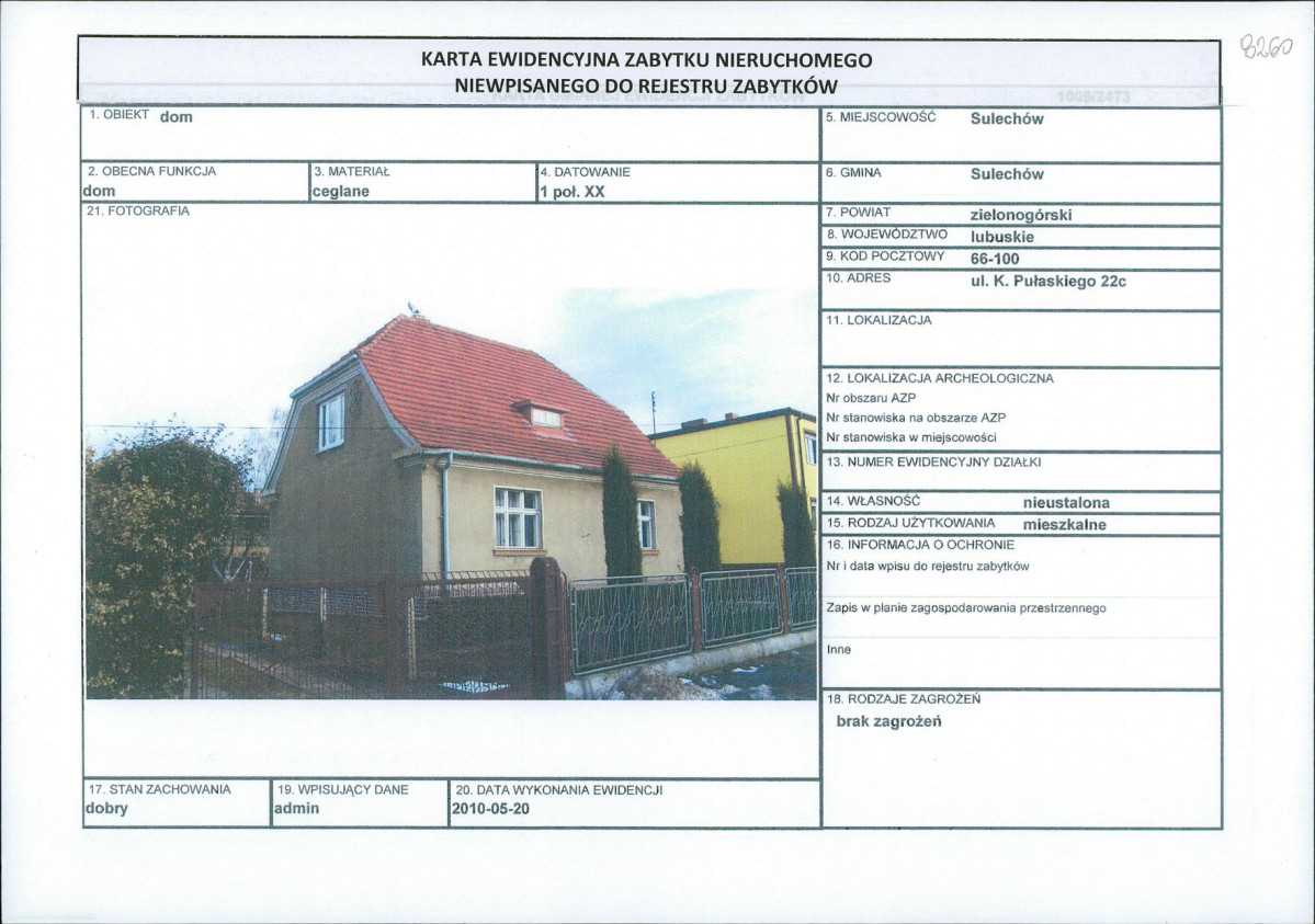 Karta obiektu niewpisanego do rejestru, skan nr 1