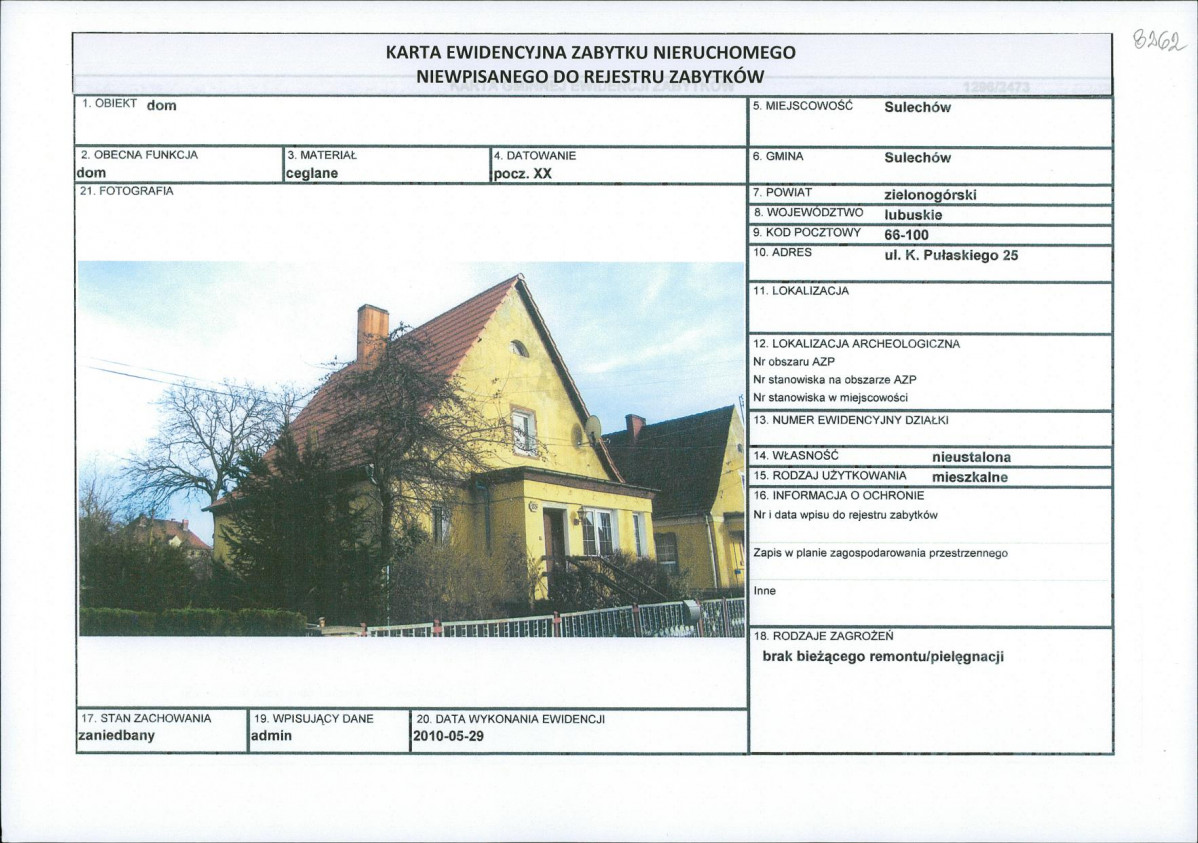 Karta obiektu niewpisanego do rejestru, skan nr 1