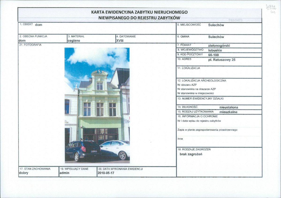 Karta obiektu niewpisanego do rejestru, skan nr 1