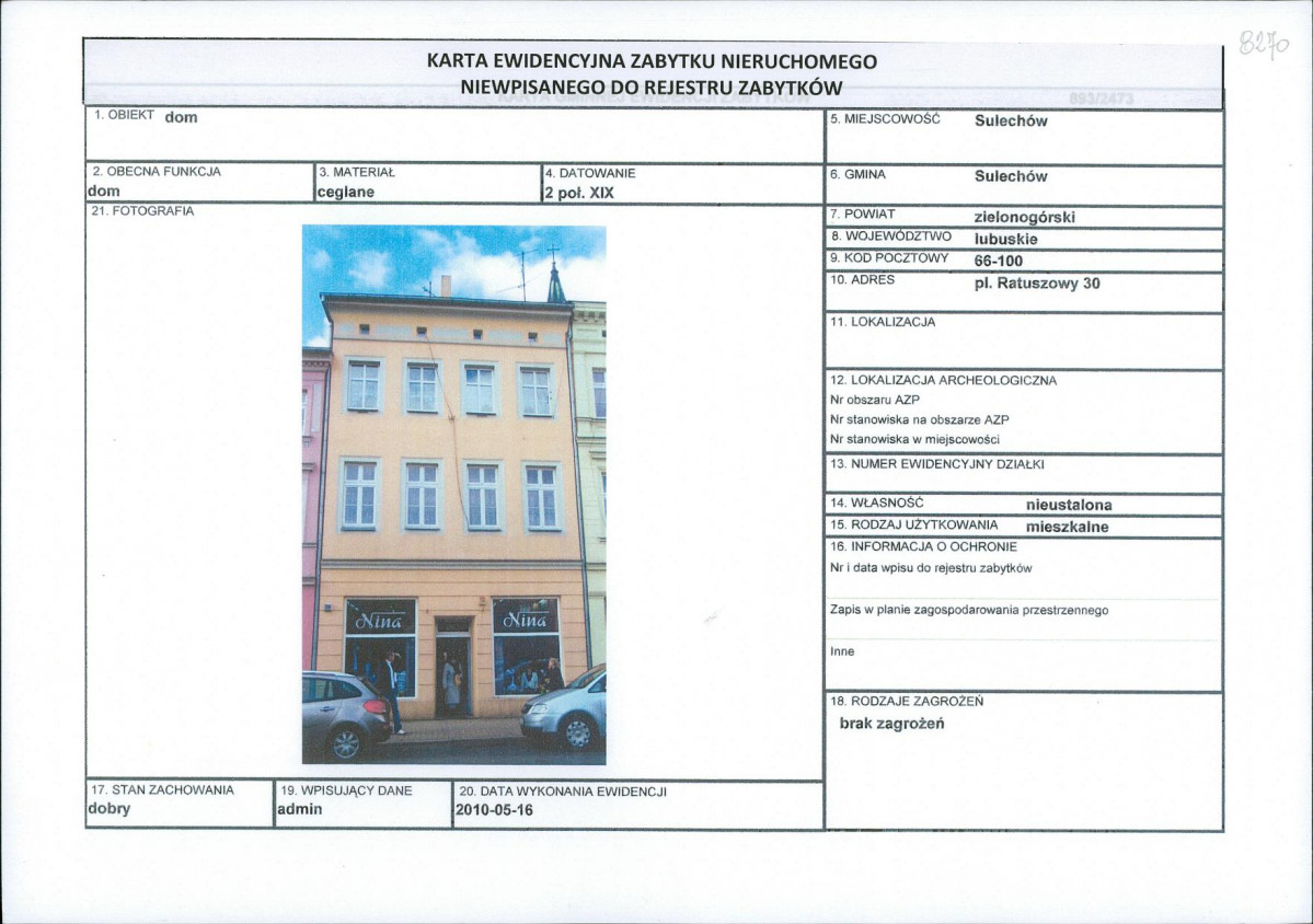 Karta obiektu niewpisanego do rejestru, skan nr 1